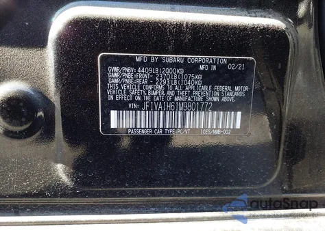 2021 Subaru Wrx Limited z USA, uszkodzony, nr VIN JF1VA1H61M9801772